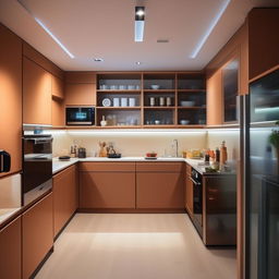 A modern, modular kitchen designed within a 10x11 feet space, equipped with all latest conveniences and technologies, with a clean and minimalistic aesthetic