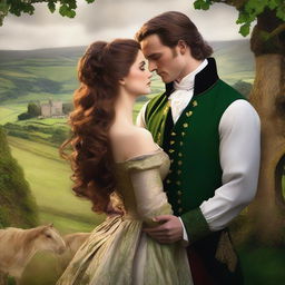 Create a high-resolution digital art image illustrating a fervent scene between a sexy new Irish Duke and a ravishing woman with long, wavy brown hair