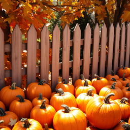 A picturesque autumn scene featuring a wooden fence surrounded by pumpkins, all composed of warm colors like oranges, yellows, and browns