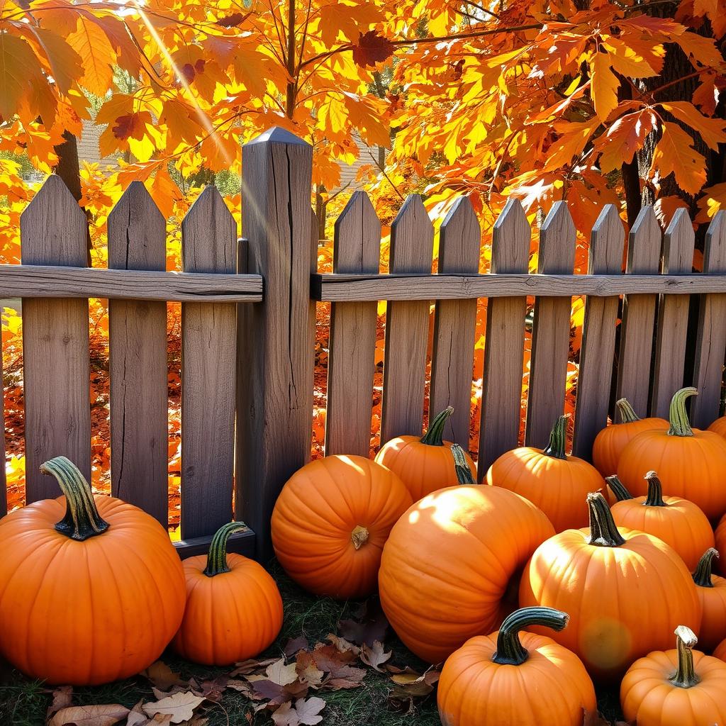 A picturesque autumn scene featuring a wooden fence surrounded by pumpkins, all composed of warm colors like oranges, yellows, and browns