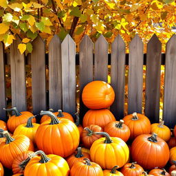 A picturesque autumn scene featuring a wooden fence surrounded by pumpkins, all composed of warm colors like oranges, yellows, and browns