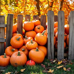 A picturesque autumn scene featuring a wooden fence surrounded by pumpkins, all composed of warm colors like oranges, yellows, and browns