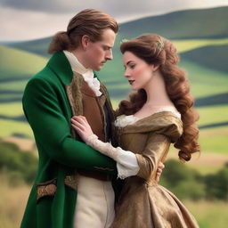 Create a high-resolution digital art image illustrating a fervent scene between a sexy new Irish Duke and a ravishing woman with long, wavy brown hair