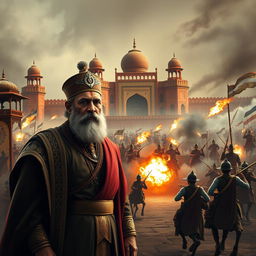 A dramatic scene featuring Bahadur Shah Zafar, the last Mughal emperor, depicted with regal attire and a determined expression, standing in the foreground