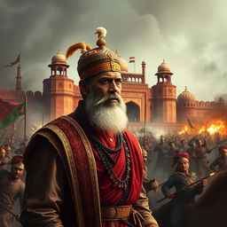 A dramatic scene featuring Bahadur Shah Zafar, the last Mughal emperor, depicted with regal attire and a determined expression, standing in the foreground