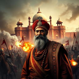 A dramatic scene featuring Bahadur Shah Zafar, the last Mughal emperor, depicted with regal attire and a determined expression, standing in the foreground