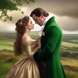 Create a high-resolution digital art image illustrating a fervent scene between a sexy new Irish Duke and a ravishing woman with long, wavy brown hair