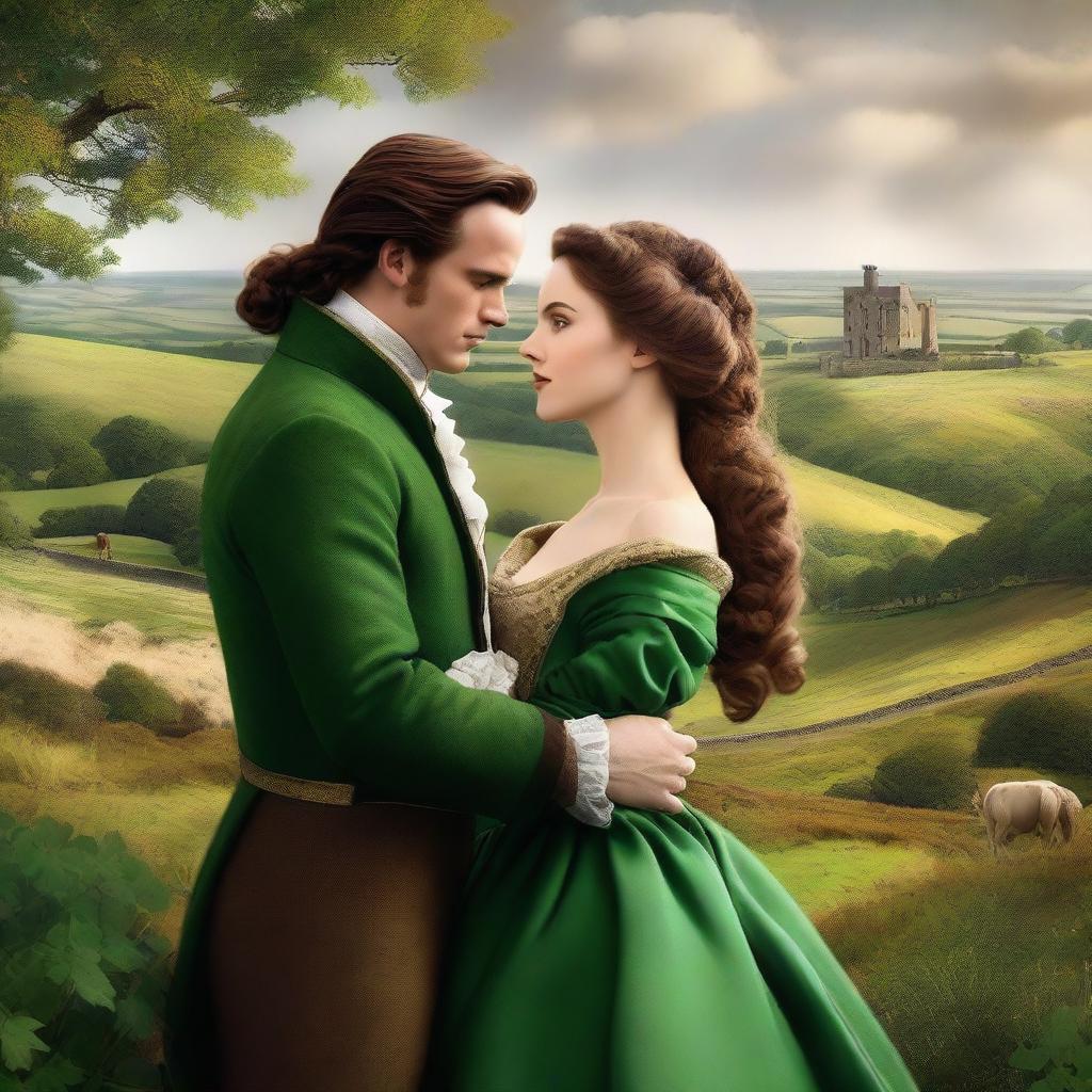 Create a high-resolution digital art image illustrating a fervent scene between a sexy new Irish Duke and a ravishing woman with long, wavy brown hair