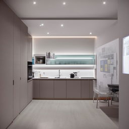 A modern, modular kitchen designed within a 10x11 feet space, equipped with all latest conveniences and technologies, with a clean and minimalistic aesthetic