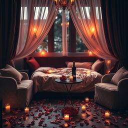 A romantic and intimate room illuminated by flickering candlelight, filled with the sweet aroma of roses