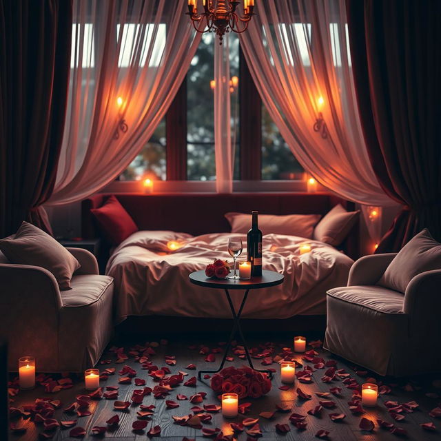 A romantic and intimate room illuminated by flickering candlelight, filled with the sweet aroma of roses