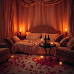 A romantic and intimate room illuminated by flickering candlelight, filled with the sweet aroma of roses