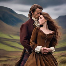 Craft a high-resolution digital art image portraying a passionate scene between a sexy, rugged Scottish Duke and a ravishing woman with long, wavy brown hair