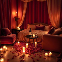 A romantic and intimate room illuminated by flickering candlelight, filled with the sweet aroma of roses