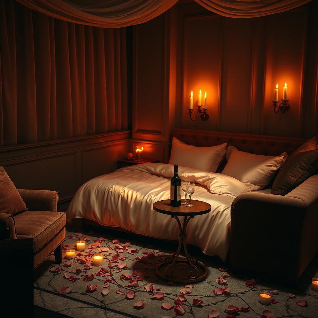 A romantic and intimate room illuminated by flickering candlelight, filled with the sweet aroma of roses