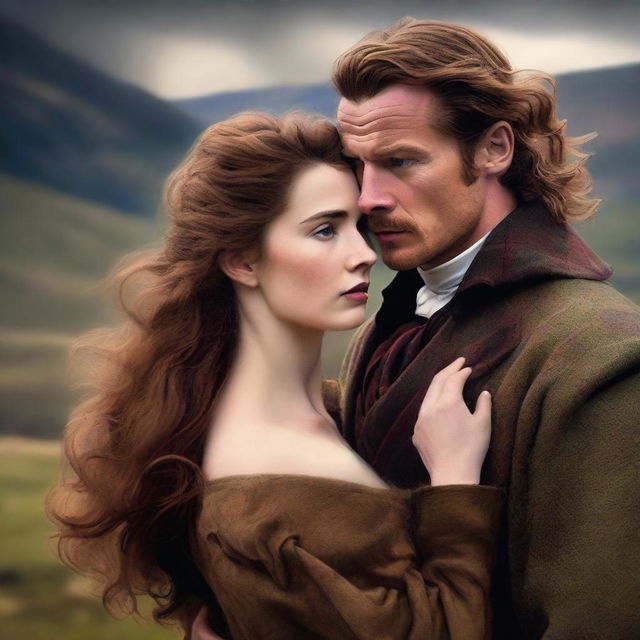 Craft a high-resolution digital art image portraying a passionate scene between a sexy, rugged Scottish Duke and a ravishing woman with long, wavy brown hair