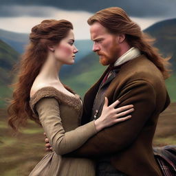 Craft a high-resolution digital art image portraying a passionate scene between a sexy, rugged Scottish Duke and a ravishing woman with long, wavy brown hair