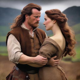 Craft a high-resolution digital art image portraying a passionate scene between a sexy, rugged Scottish Duke and a ravishing woman with long, wavy brown hair