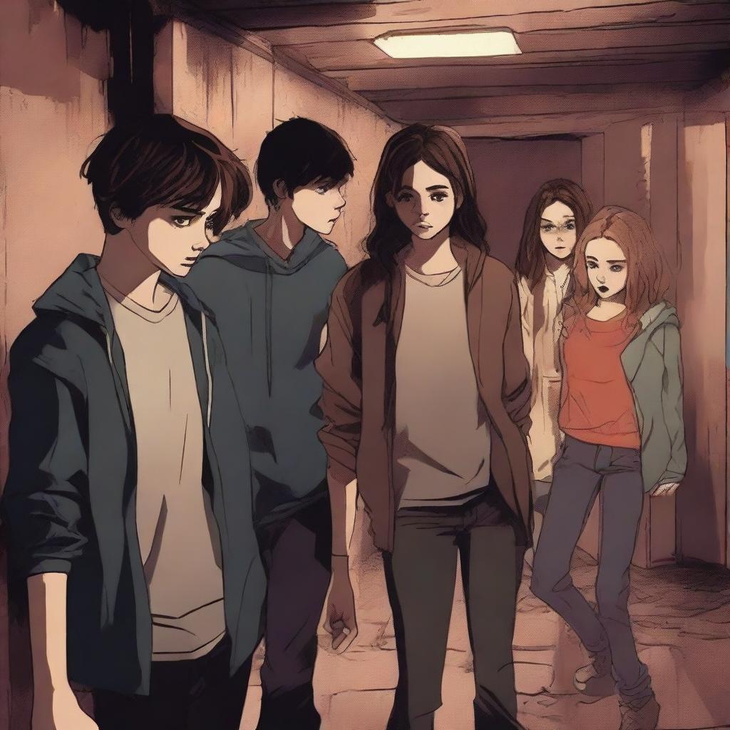 This is a top-notch digital art image that captures a teen thriller scene set in a basement