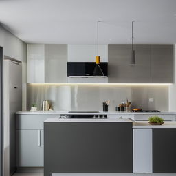 A modern, modular kitchen designed within a 10x11 feet space, equipped with all latest conveniences and technologies, with a clean and minimalistic aesthetic