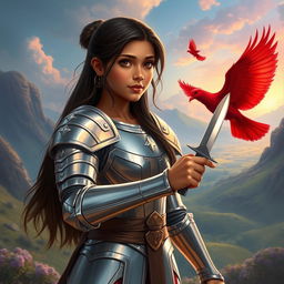 Elyse Jett, an Indian-American girl with light tan skin, long dark brown hair, and deep brown eyes, stands confidently in her gleaming silver armor