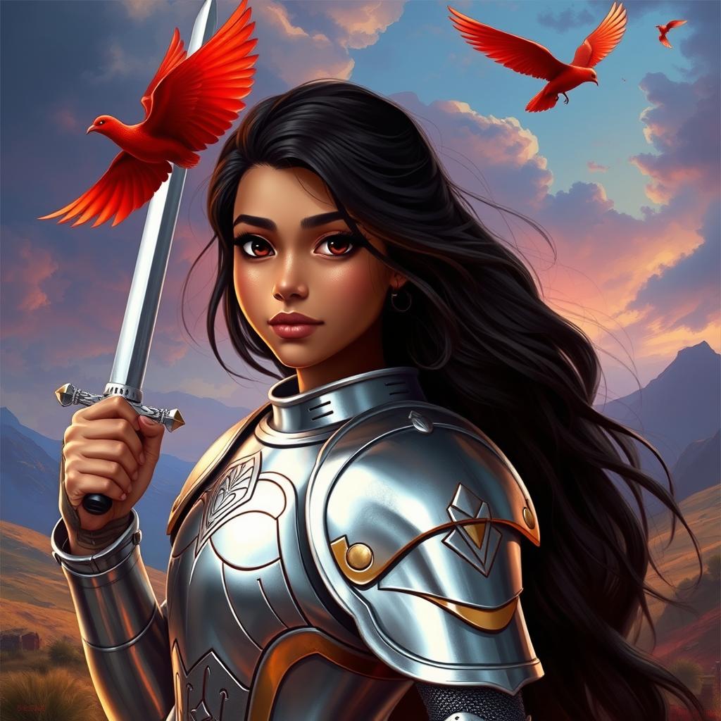 Elyse Jett, an Indian-American girl with light tan skin, long dark brown hair, and deep brown eyes, stands confidently in her gleaming silver armor