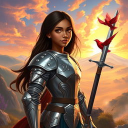 Elyse Jett, an Indian-American girl with light tan skin, long dark brown hair, and deep brown eyes, stands confidently in her gleaming silver armor