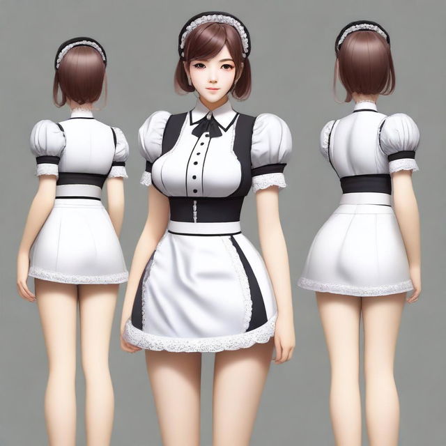 Create a digital art piece of a maid with an H cup size, featuring a cutout design in her uniform