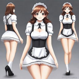 Create a digital art piece of a maid with an H cup size, featuring a cutout design in her uniform