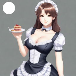 Create a digital art piece of a maid with an H cup size, featuring a cutout design in her uniform