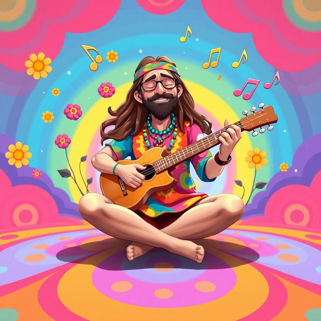 A colorful 2D illustration of a hippie sitting in a lotus position, playing a guitar, inspired by the playful art style of the game IncredyBox