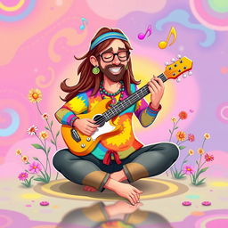 A colorful 2D illustration of a hippie sitting in a lotus position, playing a guitar, inspired by the playful art style of the game IncredyBox