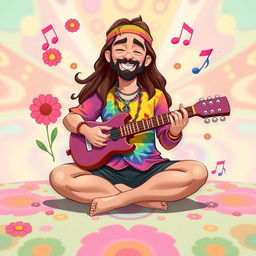 A colorful 2D illustration of a hippie sitting in a lotus position, playing a guitar, inspired by the playful art style of the game IncredyBox