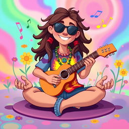A colorful 2D illustration of a hippie sitting in a lotus position, playing a guitar, inspired by the playful art style of the game IncredyBox