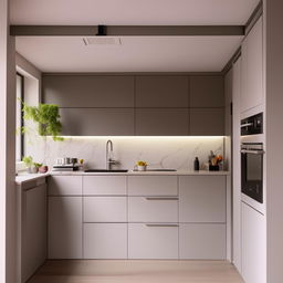 A modern, modular kitchen designed within a 10x11 feet space, equipped with all latest conveniences and technologies, with a clean and minimalistic aesthetic