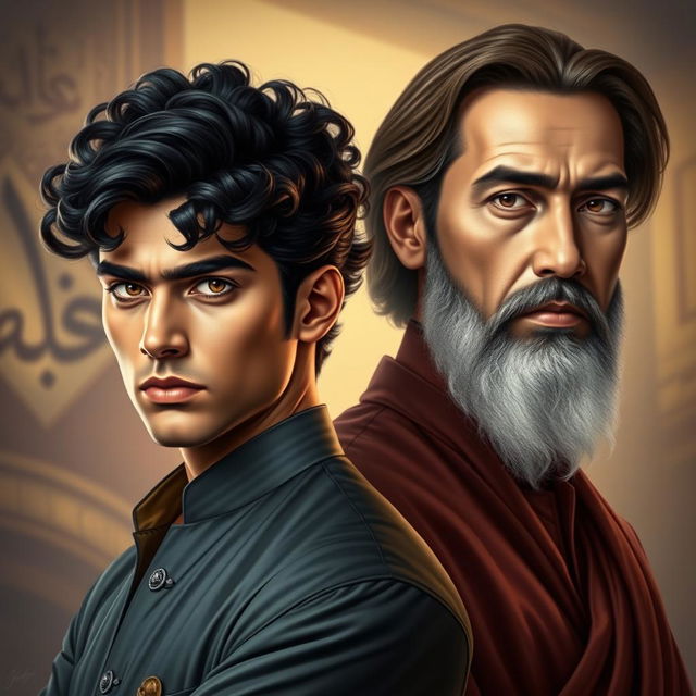 A hyper-realistic portrait of two main characters inspired by the novels 'Peer-e-Kamil' and 'Aab-e-Hayat'