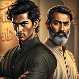 A hyper-realistic portrait of two main characters inspired by the novels 'Peer-e-Kamil' and 'Aab-e-Hayat'