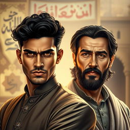 A hyper-realistic portrait of two main characters inspired by the novels 'Peer-e-Kamil' and 'Aab-e-Hayat'
