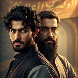 A hyper-realistic portrait of two main characters inspired by the novels 'Peer-e-Kamil' and 'Aab-e-Hayat'