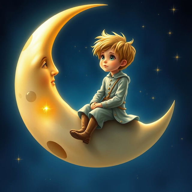 A depiction of a young boy with golden hair, resembling 'The Little Prince', sitting on the moon