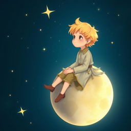 A depiction of a young boy with golden hair, resembling 'The Little Prince', sitting on the moon