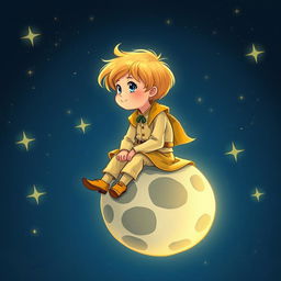 A depiction of a young boy with golden hair, resembling 'The Little Prince', sitting on the moon