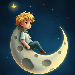 A depiction of a young boy with golden hair, resembling 'The Little Prince', sitting on the moon