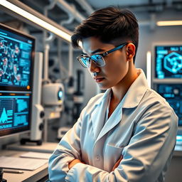 A stunning, ultra-modern biomedical engineer in a sleek lab environment, wearing a white lab coat, intently focused on innovative medical devices and technology