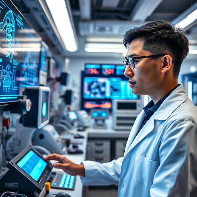 A stunning, ultra-modern biomedical engineer in a sleek lab environment, wearing a white lab coat, intently focused on innovative medical devices and technology