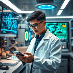 A stunning, ultra-modern biomedical engineer in a sleek lab environment, wearing a white lab coat, intently focused on innovative medical devices and technology