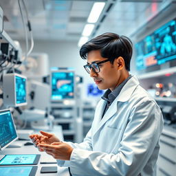 A stunning, ultra-modern biomedical engineer in a sleek lab environment, wearing a white lab coat, intently focused on innovative medical devices and technology