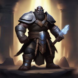 A digital art piece depicting a Duergar, a dark-skinned dwarf from the underground, in the role of an Oath of Ancients Paladin