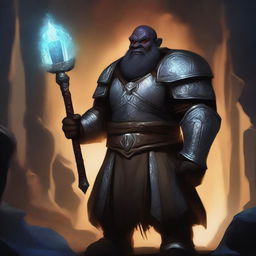 A digital art piece depicting a Duergar, a dark-skinned dwarf from the underground, in the role of an Oath of Ancients Paladin