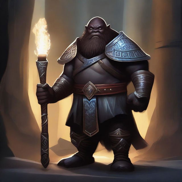 A digital art piece depicting a Duergar, a dark-skinned dwarf from the underground, in the role of an Oath of Ancients Paladin